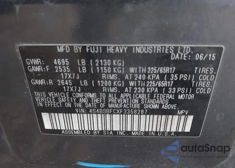 2015 Subaru Outback 2.5I Premium из США, поврежденный, VIN 4S4BSBFCXF3358287